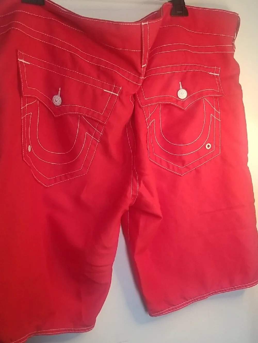 True Religion Men’s Bright Red Shorts with White Stitching